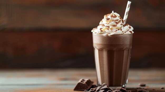 Chocolate milkshake with whipped cream on a gray background