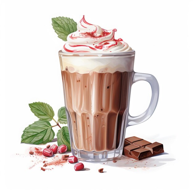 Chocolate milkshake with whipped cream and mint leaves