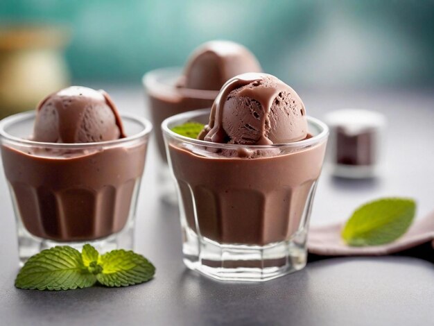 Foto gelato alla menta al cioccolato in una tazza di vetro su uno sfondo sfocato ai generativa