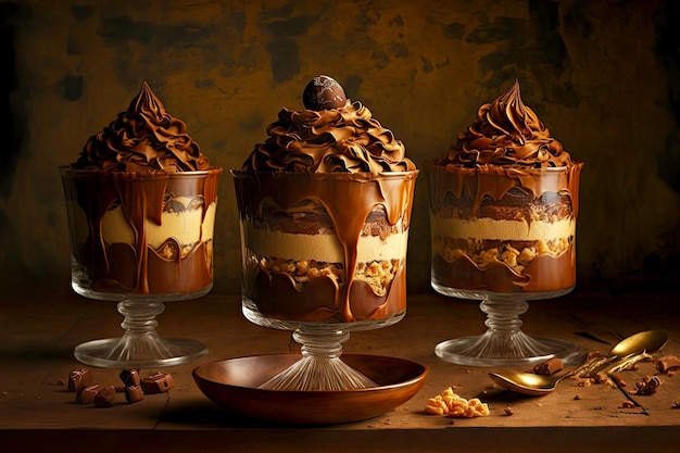Шоколадные и мокко маленькие пирожные в большой карамели на столе