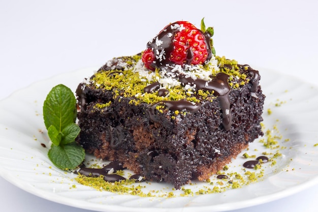 Chocolate moist cake wet cake in a plate bakery products
turkish name islak kek