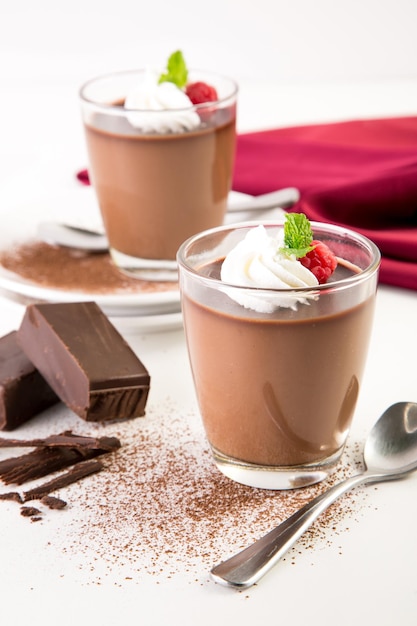 チョコレートのエルスにラズベリーとホイップクリームを添えた