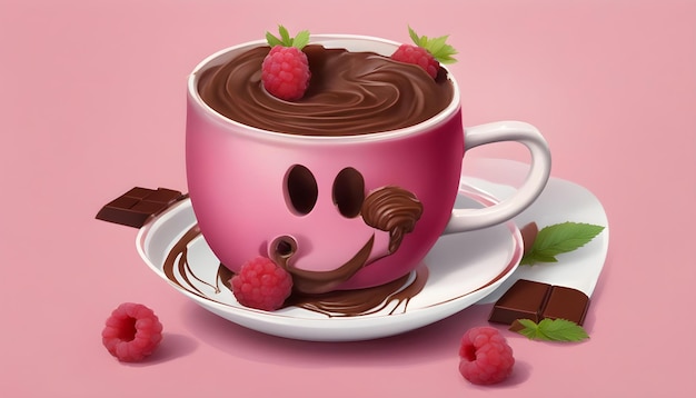 Chocolate moose with raspberry in the cup isolated with cartoon theme