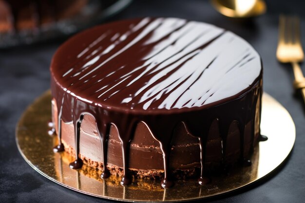Chocolate mousse cake with a mirror glaze on top