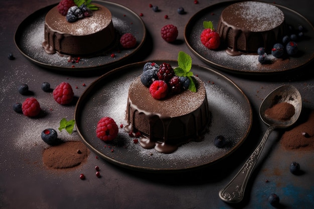 Chocolate mousse cakes with bright berries and powdered sugar on plate created with generative ai