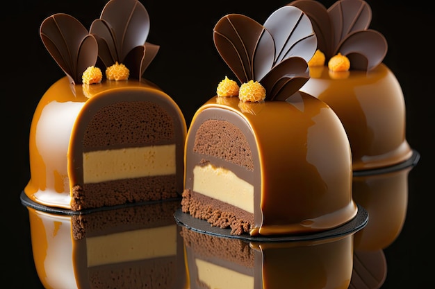 Chocolate mousse cakes with caramel cream created with generative ai