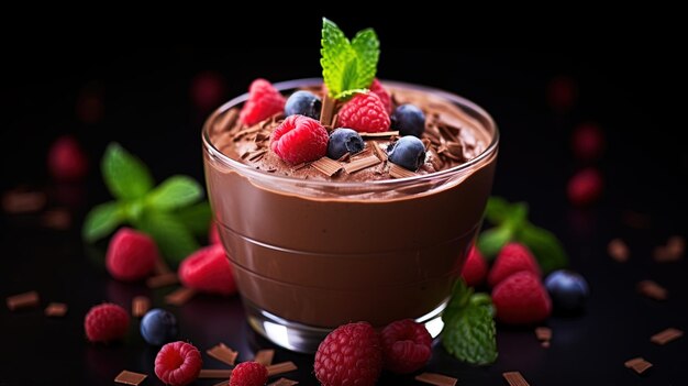 Chocolate mousse decorated with fresh berries and mint