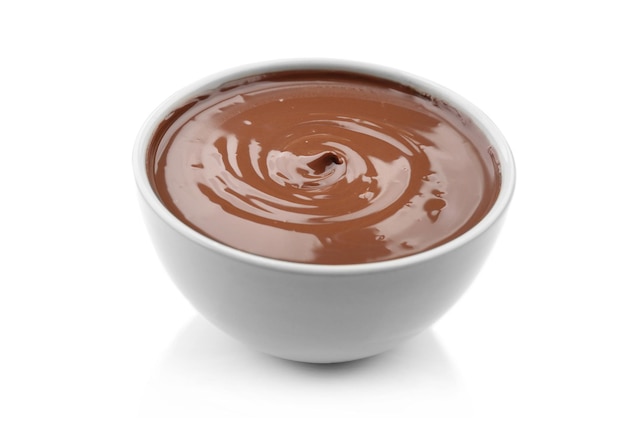 Chocolate mousse in dessert bowl on white background