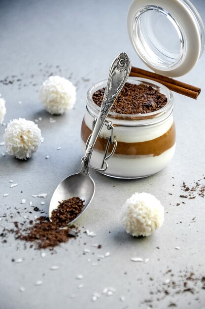 Chocolate mousse dessert on jar