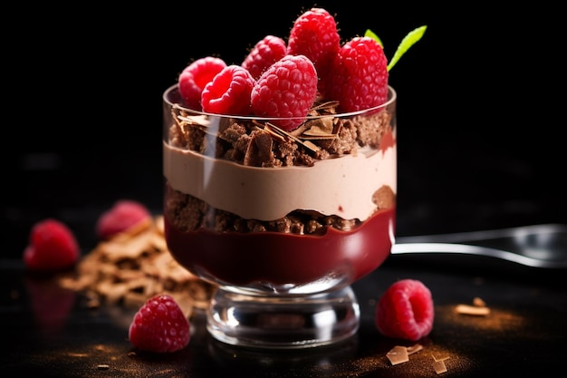 Chocolate mousse with raspberry in a glass delicious dessert dark background