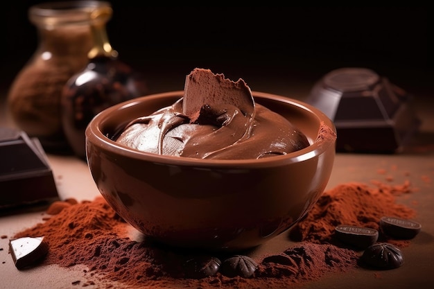 Chocolate mud bath with chocolate and cocoa powder mixture for luxurious skin treatment