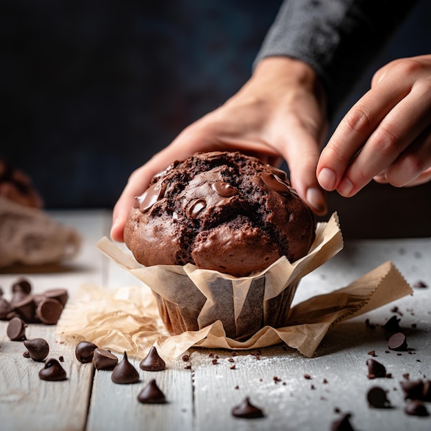 Chocolate muffin in man hand