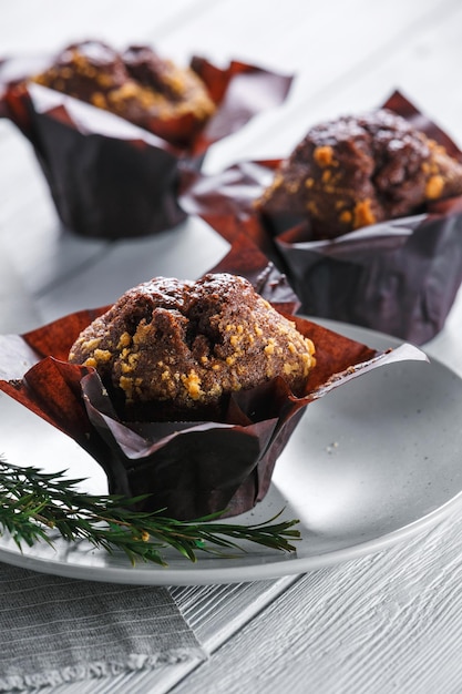 Chocolate muffin on a white background sweet dessert