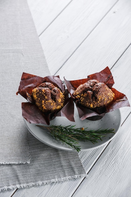 Chocolate muffin on a white background sweet dessert