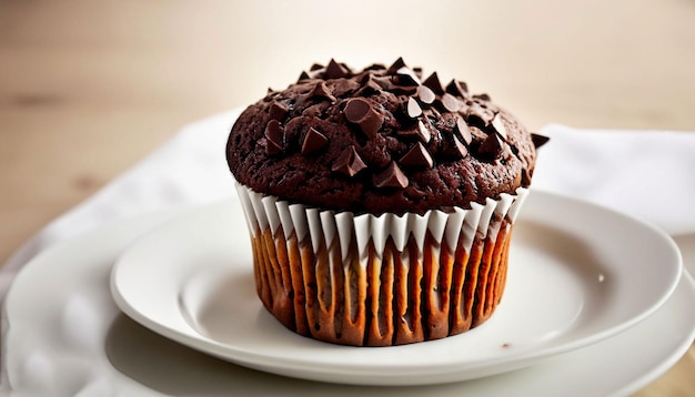 A chocolate muffin with chocolate chips on a plate