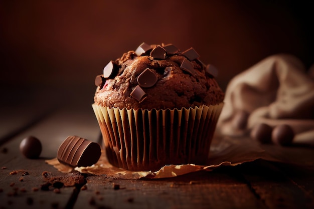 Chocolate Muffin with Chocolate Chips Selective focus Generative Ai