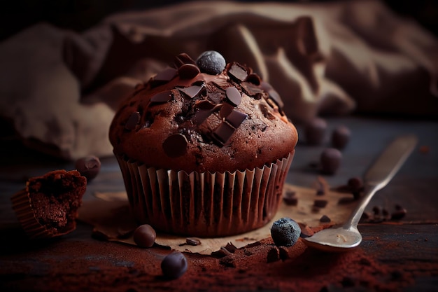 Chocolate Muffin with Chocolate Chips Selective focus Generative Ai