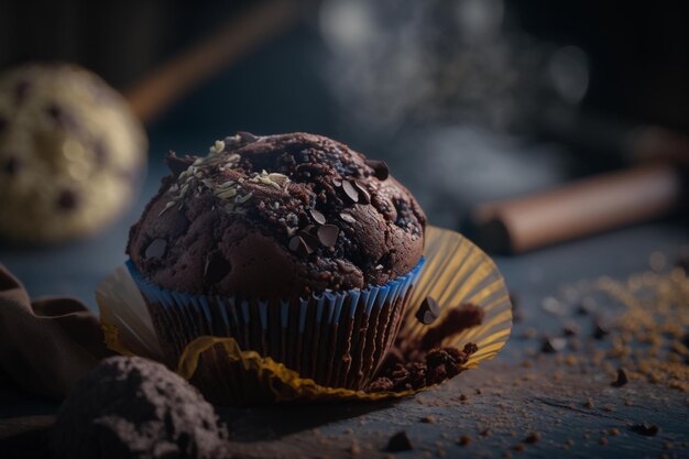 A chocolate muffin with a chocolate coating on it