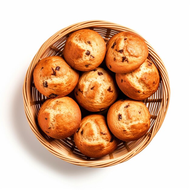 Chocolate muffins in a basket top view on isolated white background