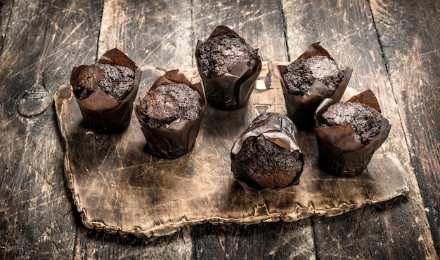 Chocolate muffins on the board 