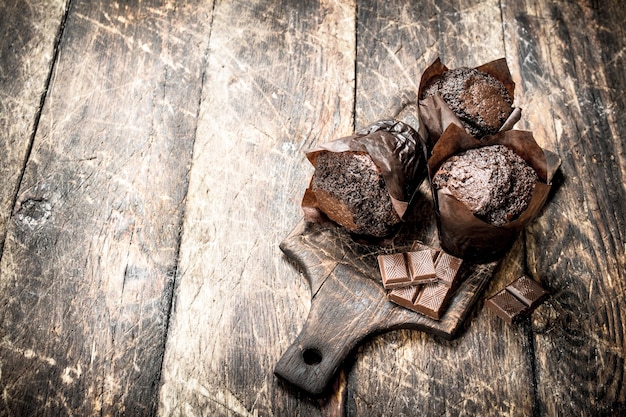 Chocolate muffins on the board.