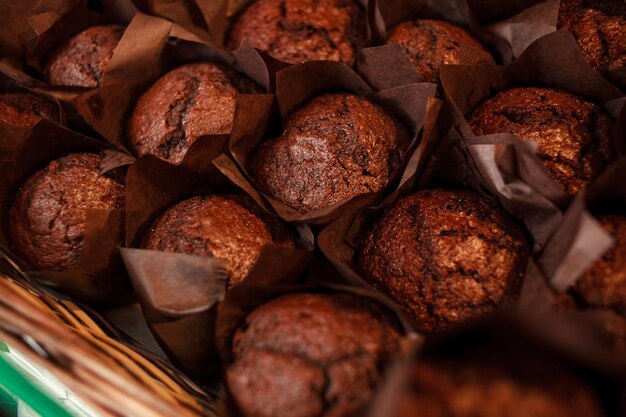 Chocolate muffins homemade bakery closeup Fresh chocolate muffins Muffins in the store