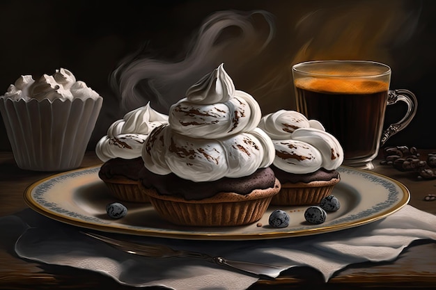 Chocolate muffins and meringue cake with cream on plate