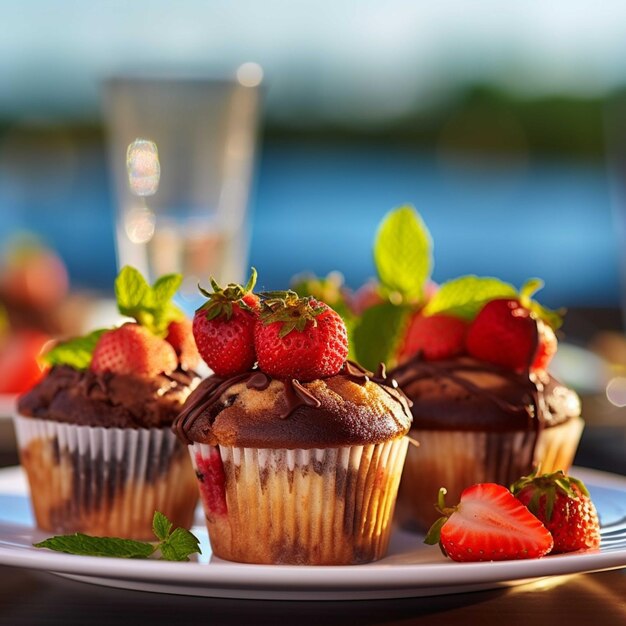 Chocolate muffins on a plate on a wooden background Selective focus