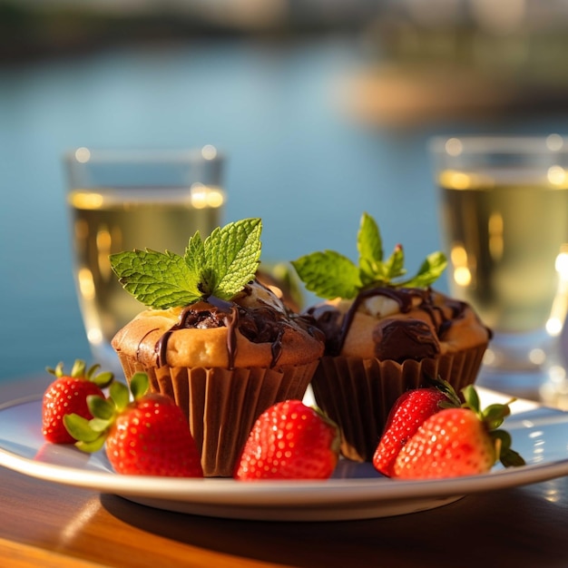 Chocolate muffins on a plate on a wooden background Selective focus