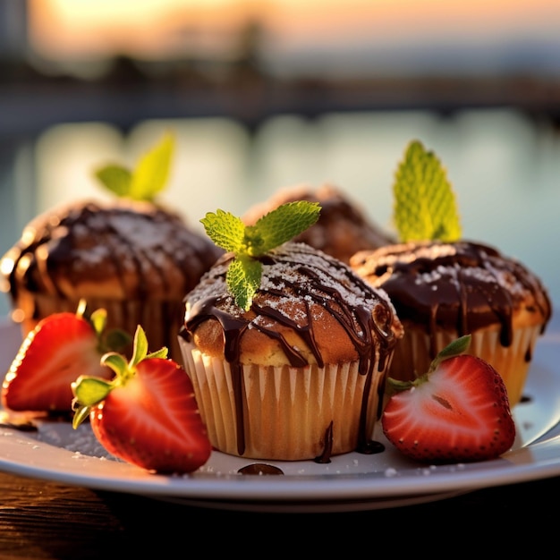 Chocolate muffins on a plate on a wooden background Selective focus