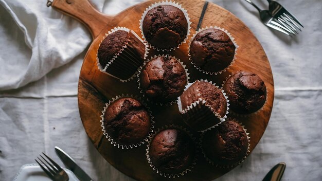 Chocolate muffins put on wooden cutting board