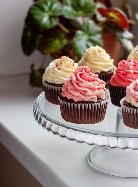 写真 ピンクと白のクリームの帽子とチョコレートマフィン