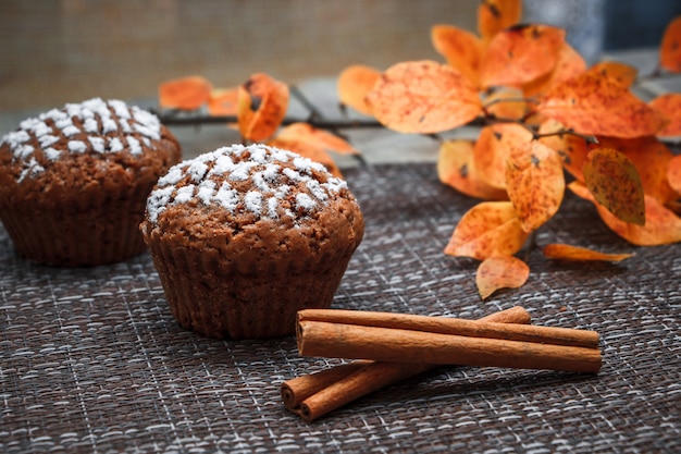 Chocolate muffins with apple filling on a space of autumn leaves and cinnamon