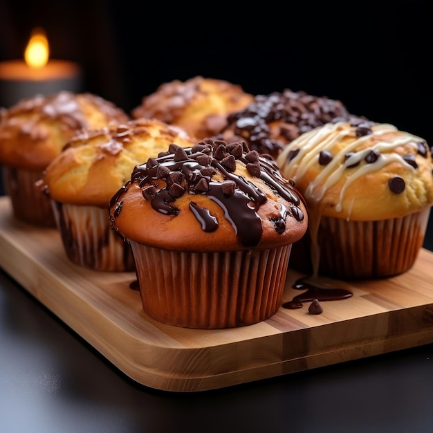 Chocolate muffins with chocolate chips on a dark wooden background