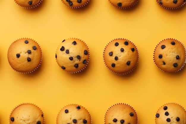 Chocolate muffins with chocolate chips in paper cups on yellow background top view Space for text