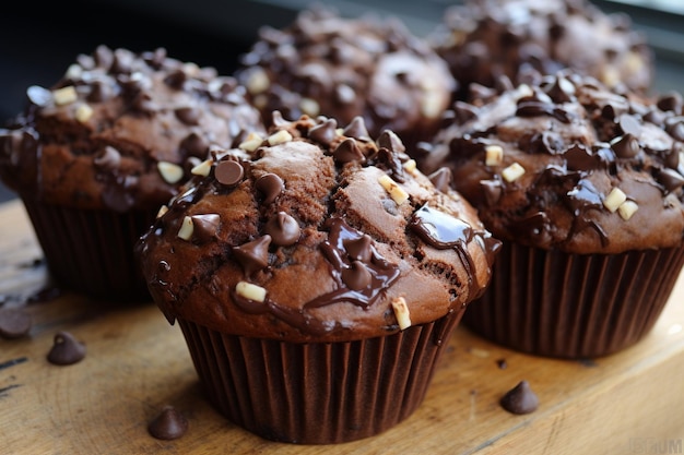 Chocolate muffins with coffee seeds on beige background