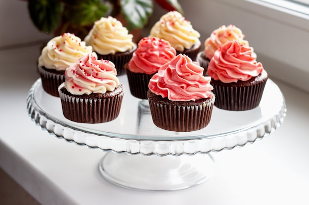 Photo chocolate muffins with a hat of pink and white cream