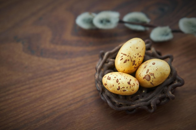 Nido di cioccolato uova d'oro di cioccolato e ramoscello di salice su fondo di legno scuro