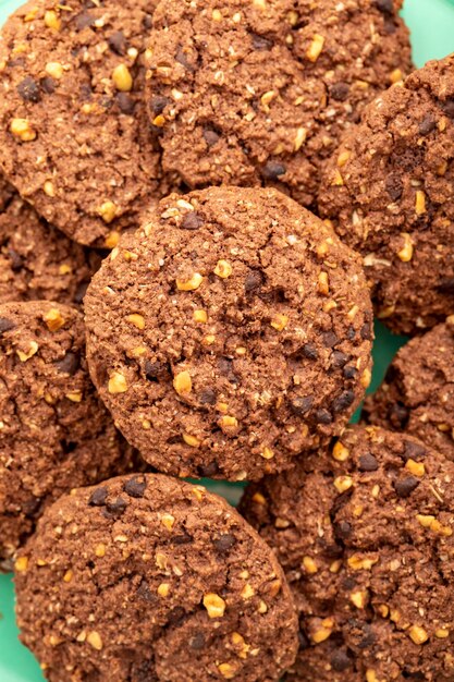 Chocolate and nut cookies close up