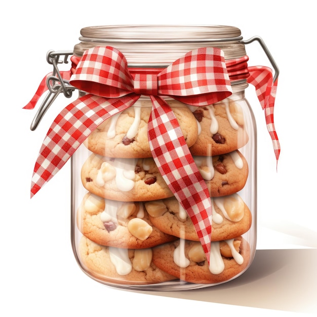 Photo chocolate nut cookies in a glass jar on white background