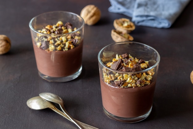 Chocolate nut pudding. Breakfast. Dessert.