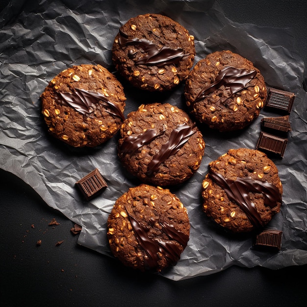 Chocolate oat cookies with liquid chocolate on the top