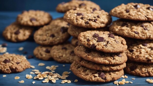 Chocolate and oatmeal cookies on a blue table