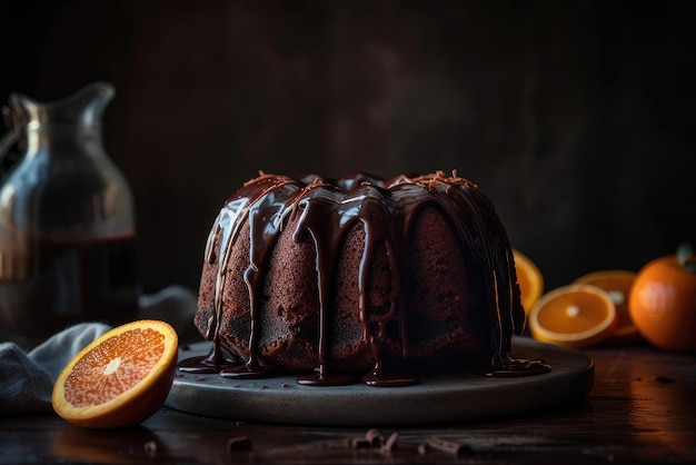 A chocolate orange bundt cake with a bottle of wine on the side