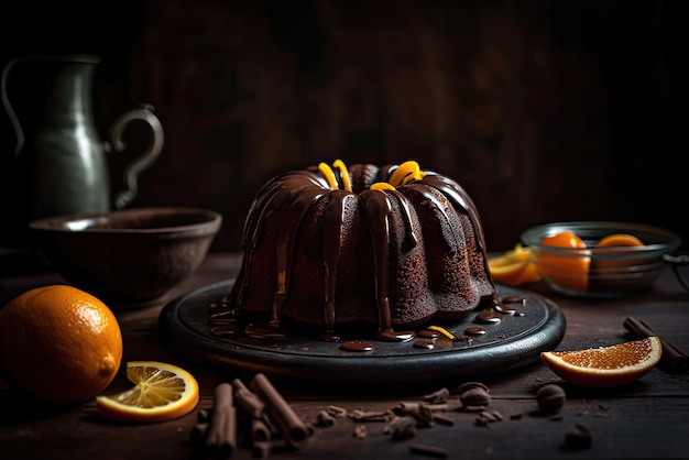 A chocolate orange bundt cake with oranges and cinnamon on a table with a bowl of oranges and coffee.