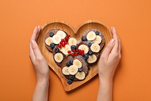 Photo chocolate pancakes tasty breakfast concept of delicious food