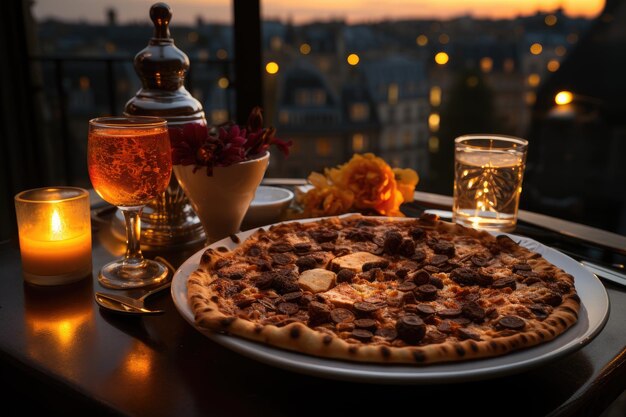 A chocolate pave pizza in a Parisian coffee with a balcony generative IA