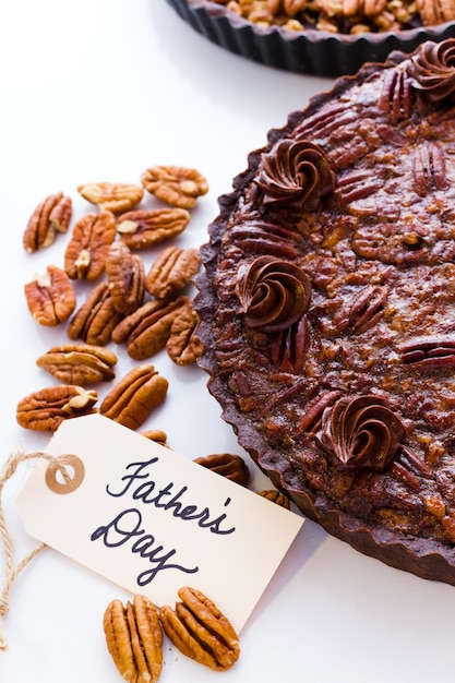 Chocolate pecan tart freshly baked.