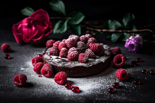 Chocolate pie with raspberries Generative AI