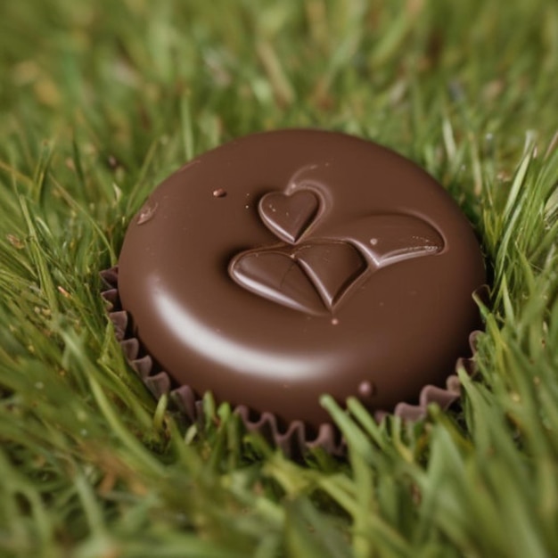 a chocolate piece is on a chocolate cookie in the grass